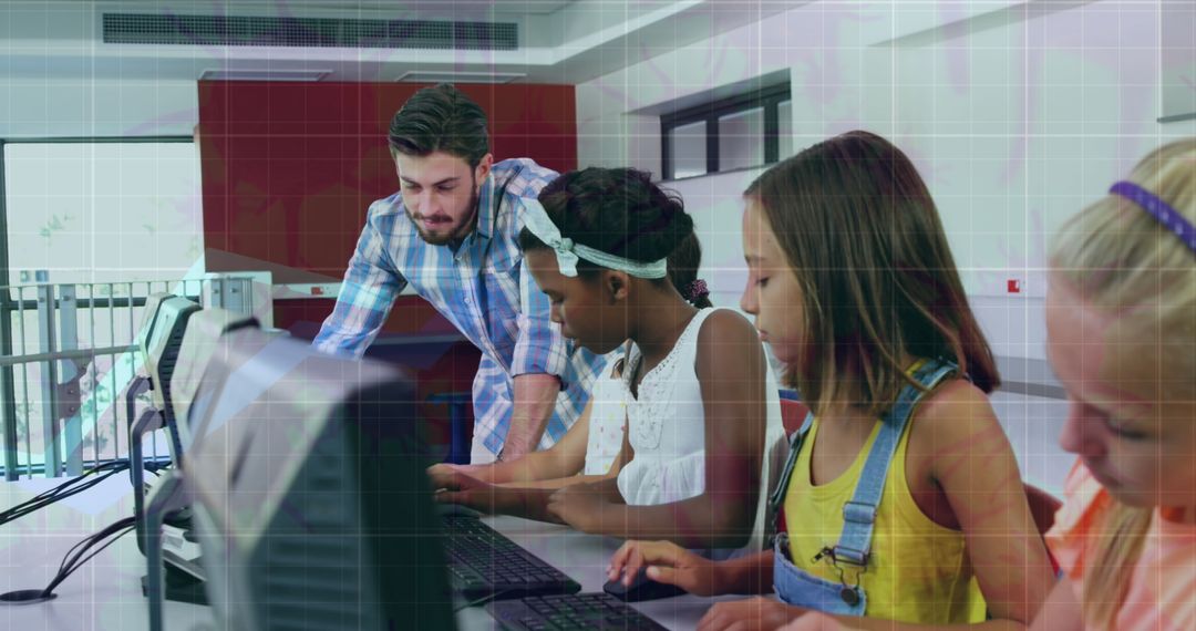 Teacher Guiding Students in Computer Class with Digital Overlay