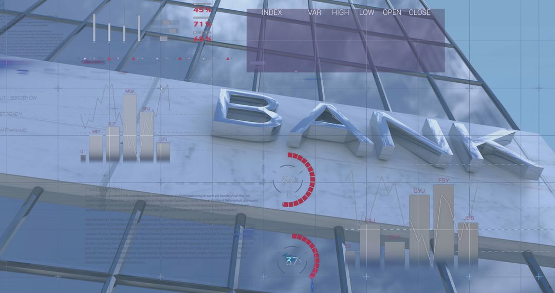 Digital Interface Over Bank Building Reflects Financial Data