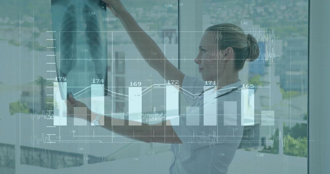 Medical Professional Reviewing X-Ray with Data Analysis Overlay in Urban Setting