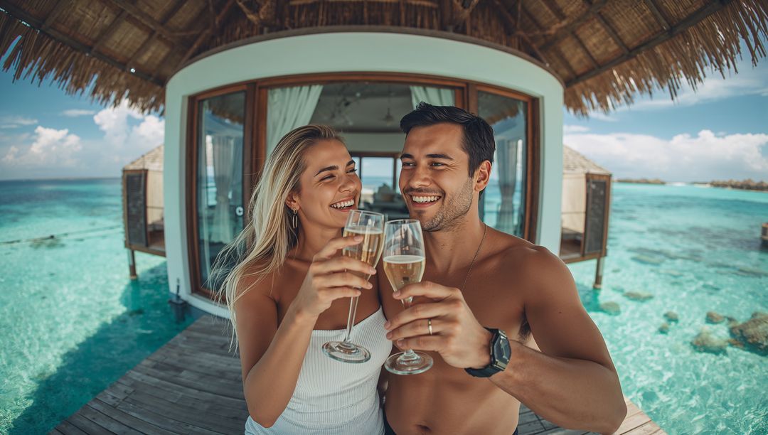 Couple Toasting on Luxury Oceanfront Deck