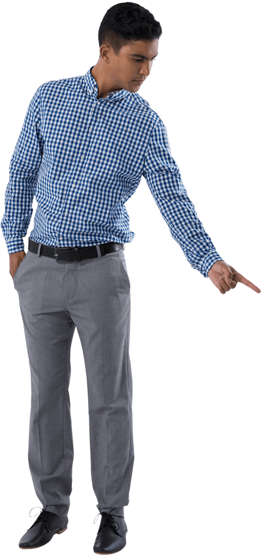 Young Man in Plaid Shirt Pointing Downward on Transparent Background