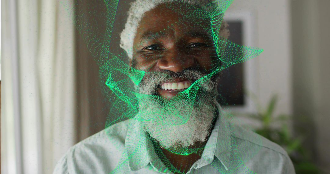 Senior Man Portrait with Digital Mesh Overlay in Living Room