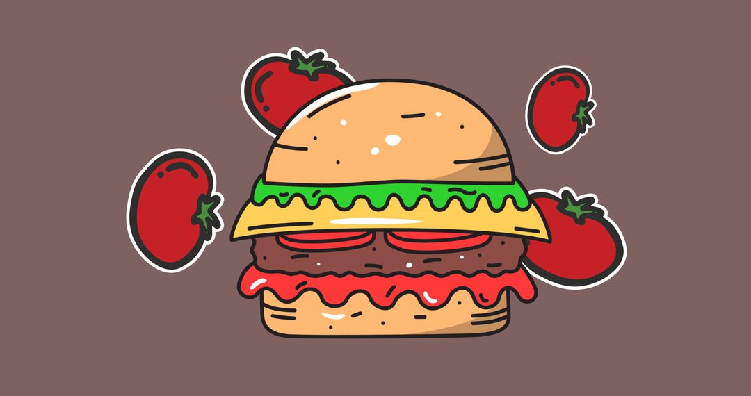 Illustration of cheese hamburger with red tomatoes on colored background - Free Images, Stock Photos and Pictures on Pikwizard.com