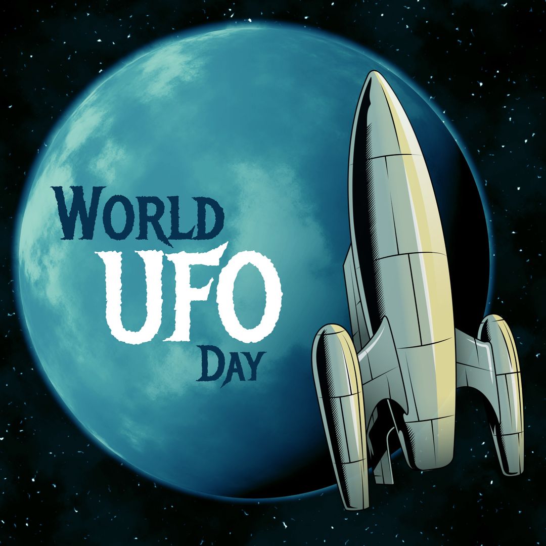 World UFO Day Banner with Rocket and Planet Background
