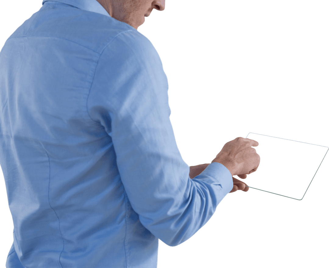 Businessman Engaging with Transparent Glass Digital Tablet