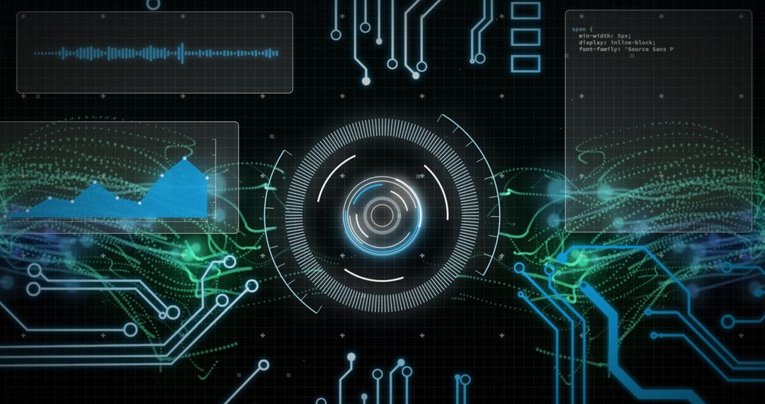 High-Tech Digital Interface with Data Visuals on Circuit Background