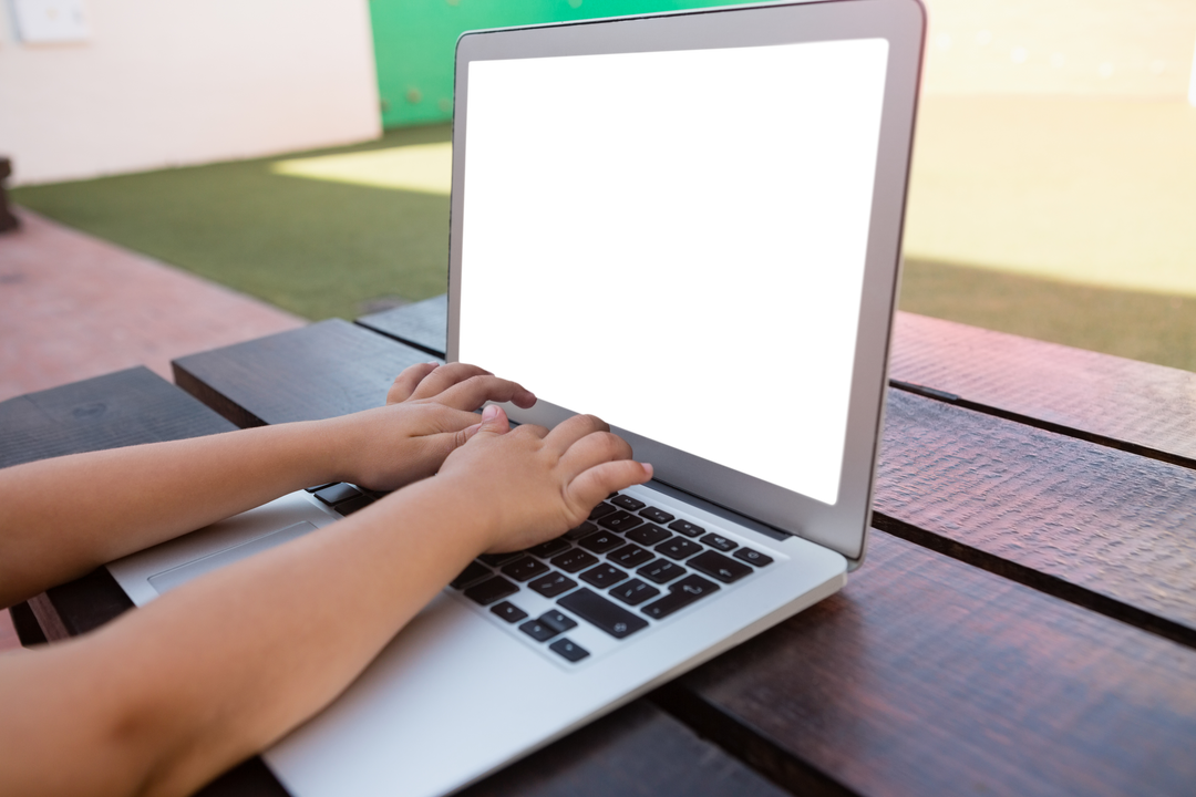 Transparent Screen Laptop Boy's Hands Typing Outside Classroom - Download Free Stock Images Pikwizard.com