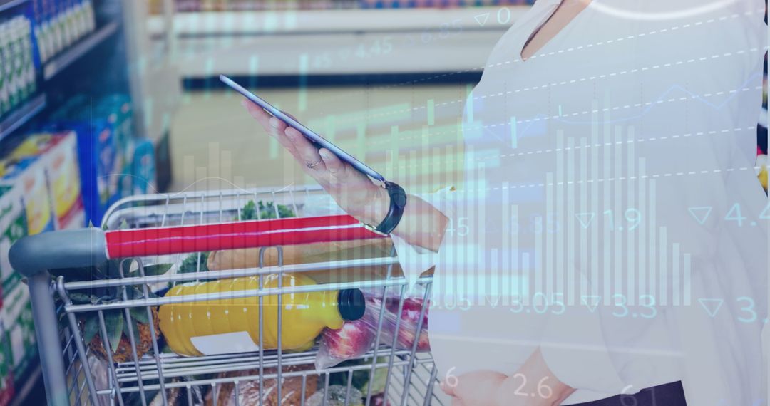 Woman Analyzing Financial Data while Grocery Shopping with Tablet