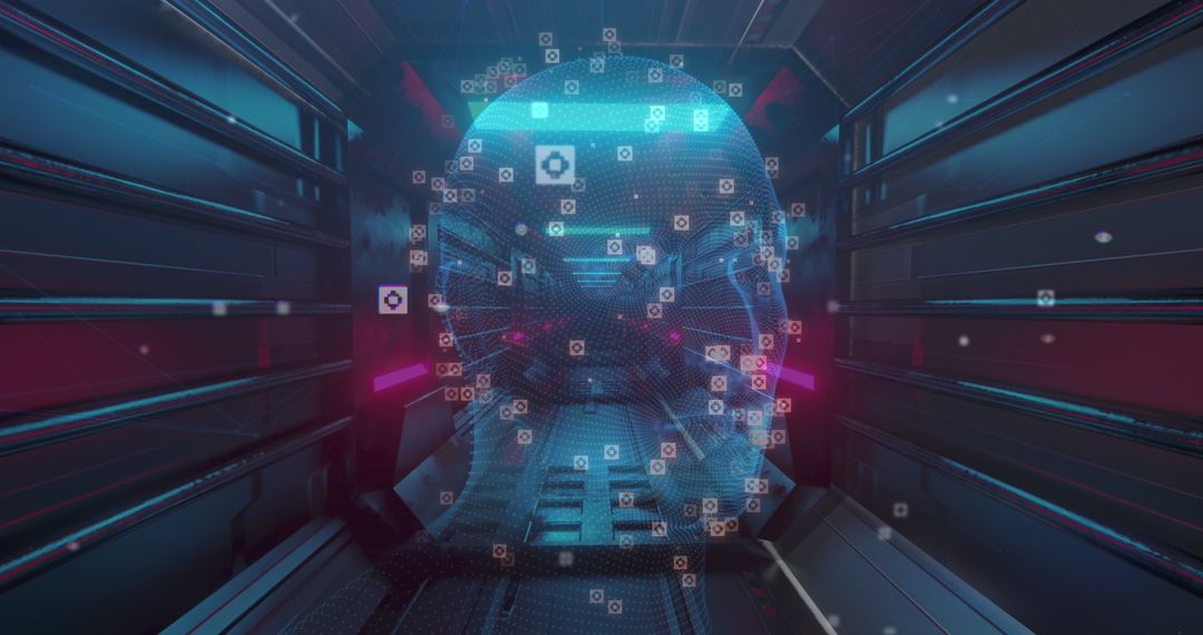 Futuristic Digital Face Model Spinning in Neon Tunnel