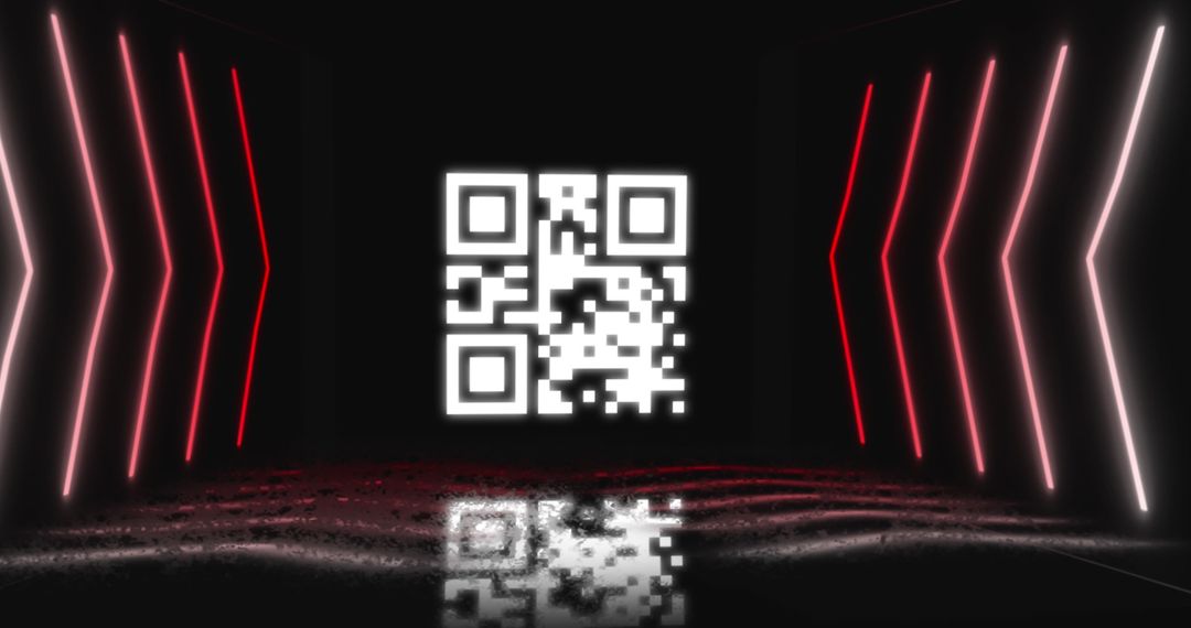 Neon QR Code on Futuristic Black Background with Red Lights