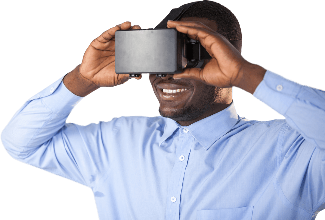 Smiling African Man Using Transparent Virtual Reality Headset