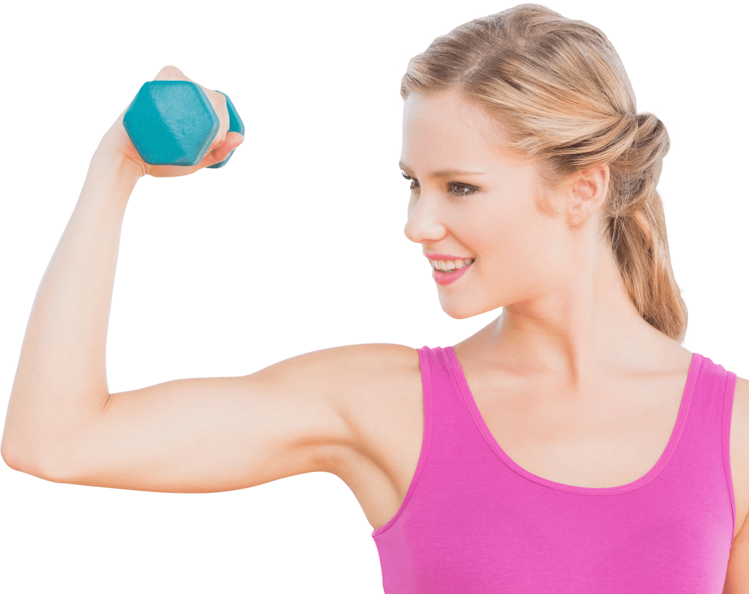 Happy Woman Exercising with Dumbbell on Transparent Background