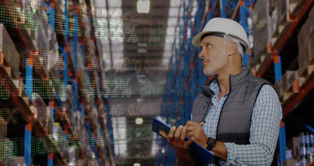 Warehouse Worker Analyzing Inventory with Digital Interface Display