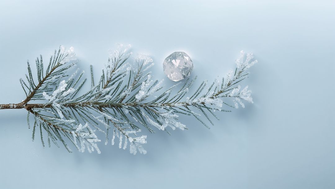 Frosted Conifer Sprig Sparkling with Crystal Ornament on Soft Pale Blue Minimal Background