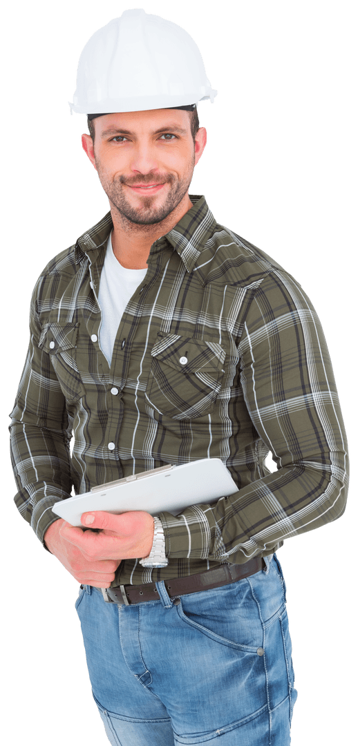 Smiling Handyman with Clipboard on Transparent Background