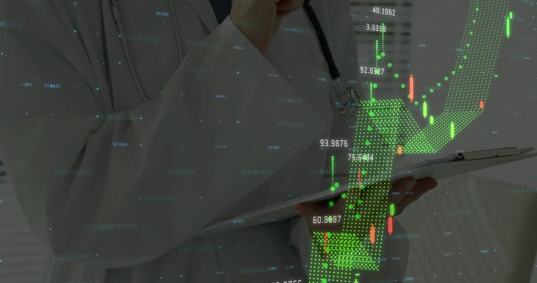 Doctor Analyzing Data with Candlestick Chart Overlay