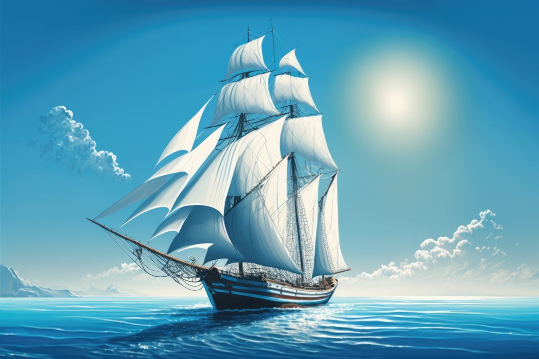Image of sailing ship on sea over clouds and blue sky, created using generative ai technology - Free Images, Stock Photos and Pictures on Pikwizard.com
