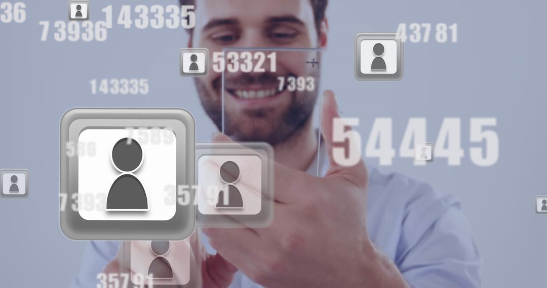 Smiling Man Using Smartphone Among Digital Profile Icons