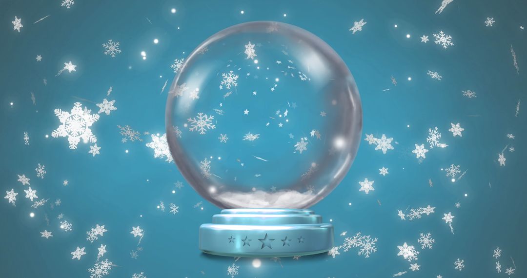 Magical Snow Globe with Falling Snowflakes on Blue Background
