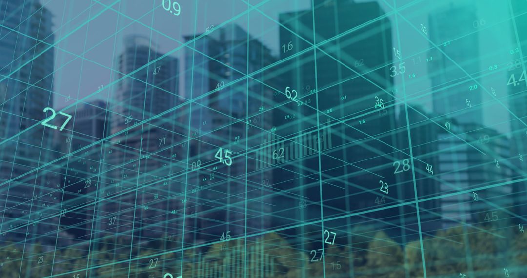 Futuristic Data Grid Overlaying Urban Skyline