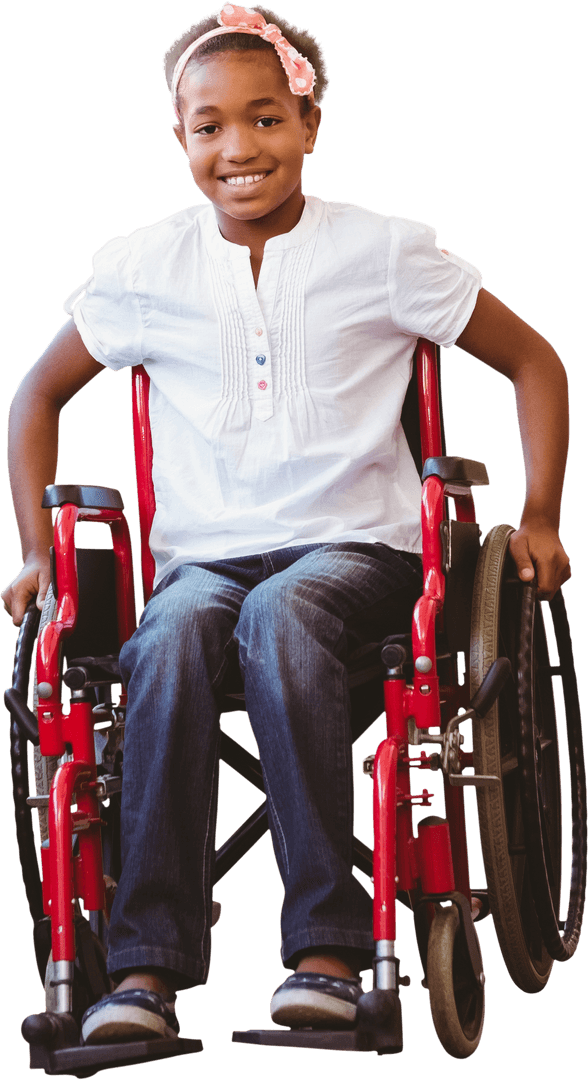 Smiling African American Girl Sitting in Red Wheelchair Transparent Background