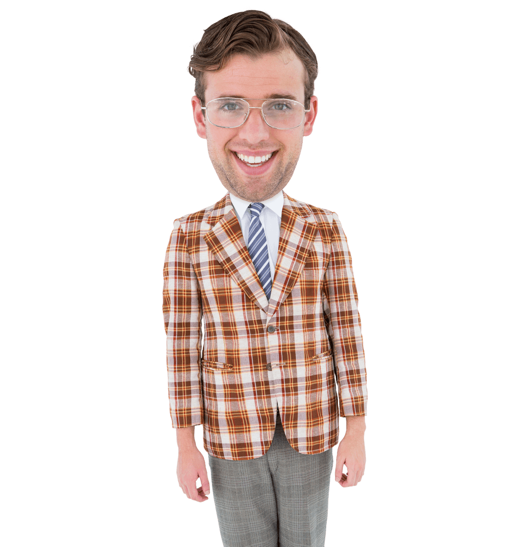 Transparent Man with Enlarged Head in Plaid Suit