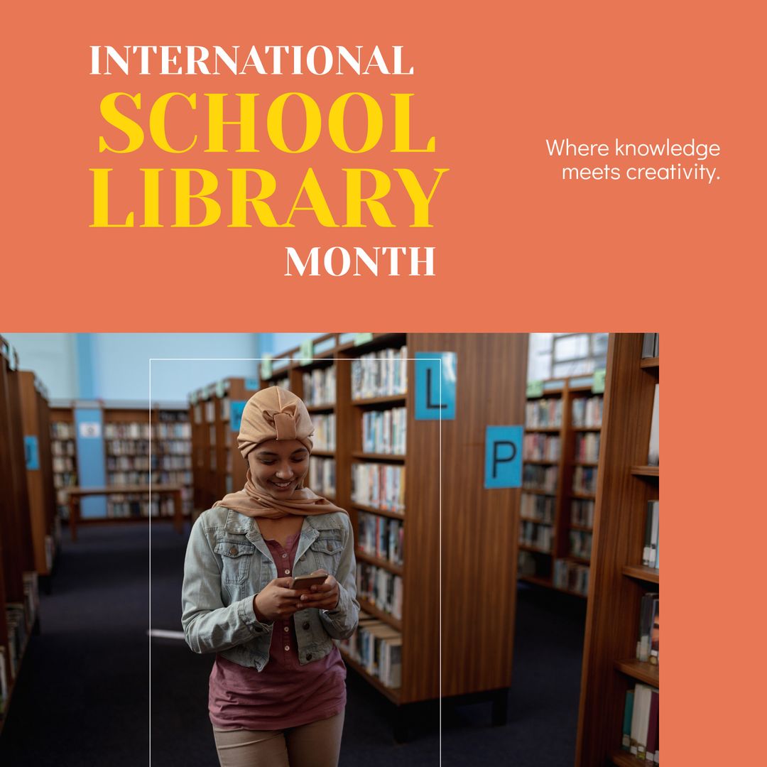 Happy Young Woman Using Smartphone in School Library