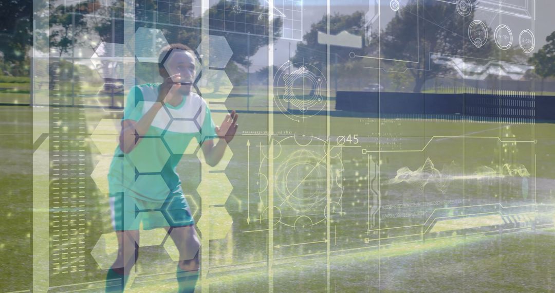 Crouching Soccer Goalkeeper with Futuristic HUD on Soccer Field