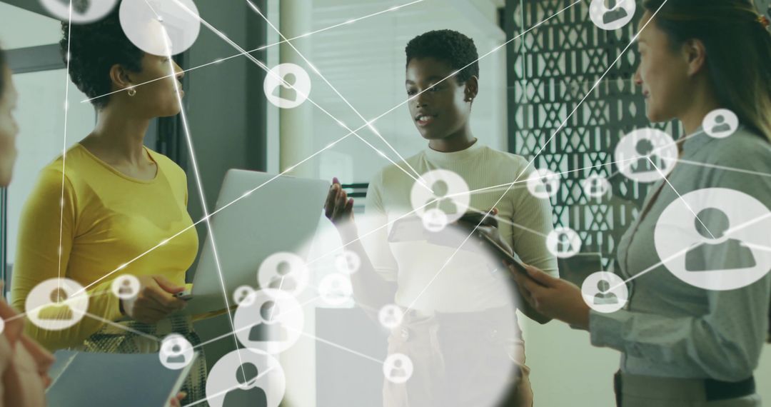 Business Team Collaborating with Digital Networking Overlay for Modern Office Presentation