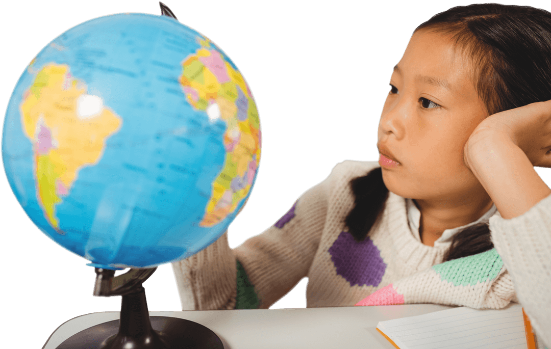 Curious Schoolgirl Studying Globe Transparent Background