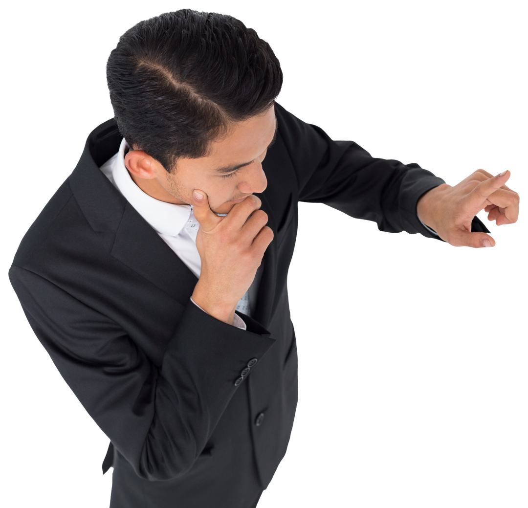 Thoughtful Businessman Pointing Up on Transparent Background - Download Free Stock Images Pikwizard.com