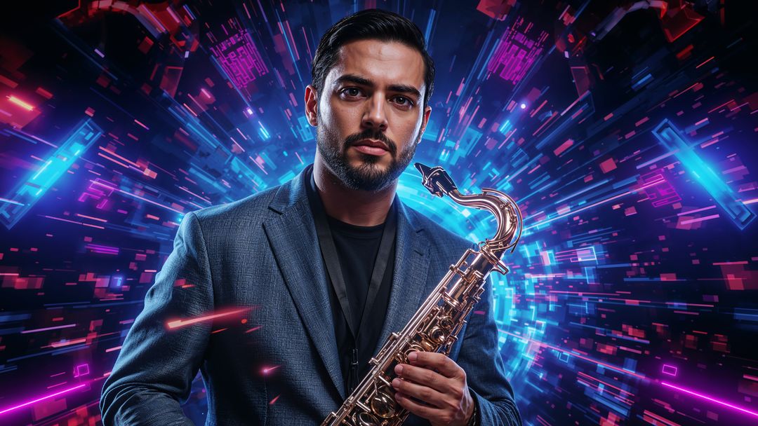 Musician Holding Gold Saxophone Amidst Neon Abstract Stage