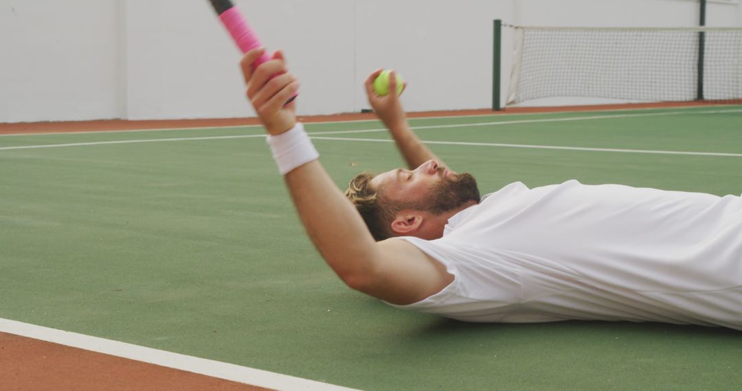 Tennis Player Celebrating Victory on Court Lying on Ground - Free Images, Stock Photos and Pictures on Pikwizard.com