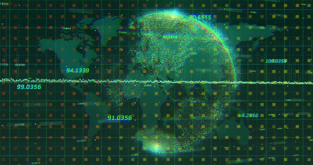 Digital Globe with Data Clusters and Numerical Analysis Display