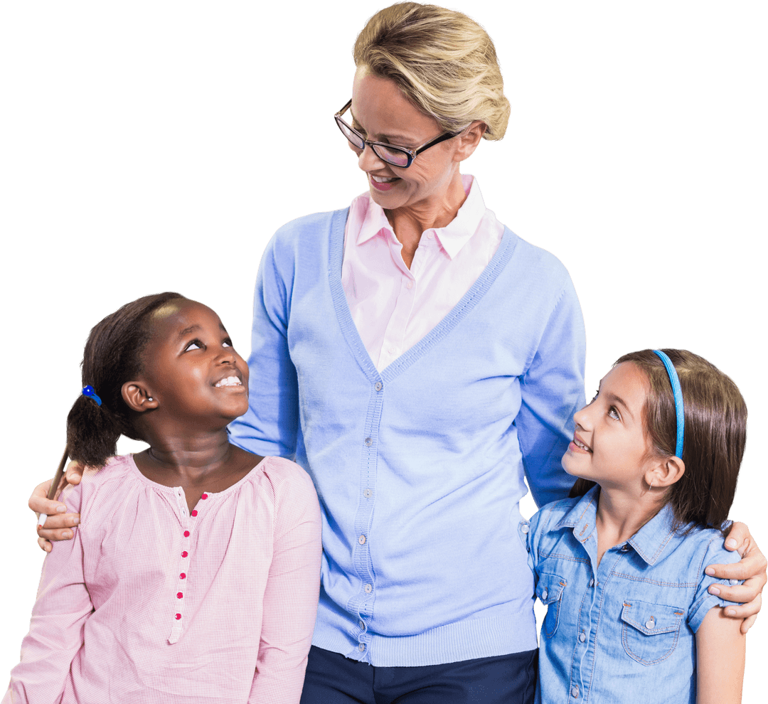 Smiling Teacher with Diverse Students on Transparent Background