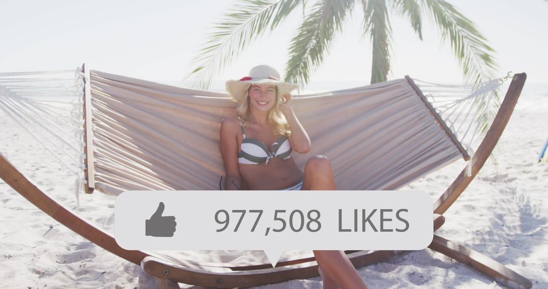 Smiling Woman Relaxing on Beach Hammock with Social Media Likes Overlay