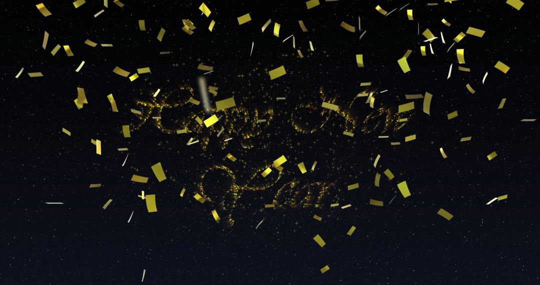 Golden Happy New Year Text with Confetti and Fireworks