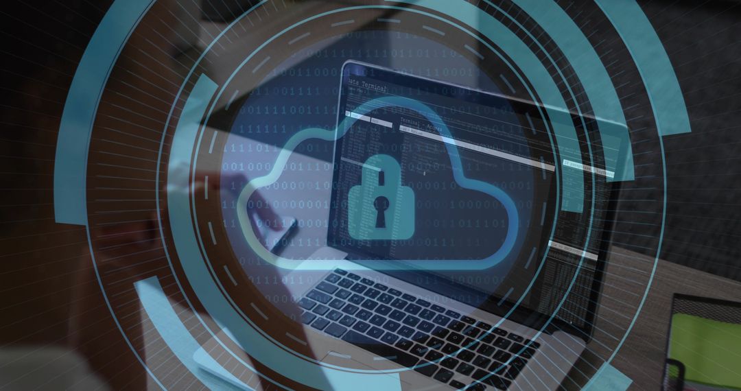 Securing Cloud Infrastructure Visualizing Lock HUD Over Laptop Code in Home Office