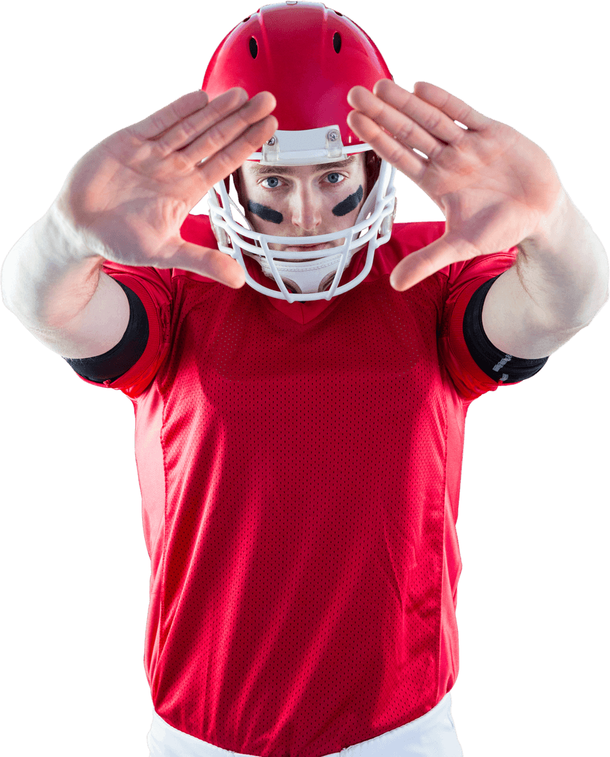 Transparent American Football Player in Red Jersey Posing with Raised Hands
