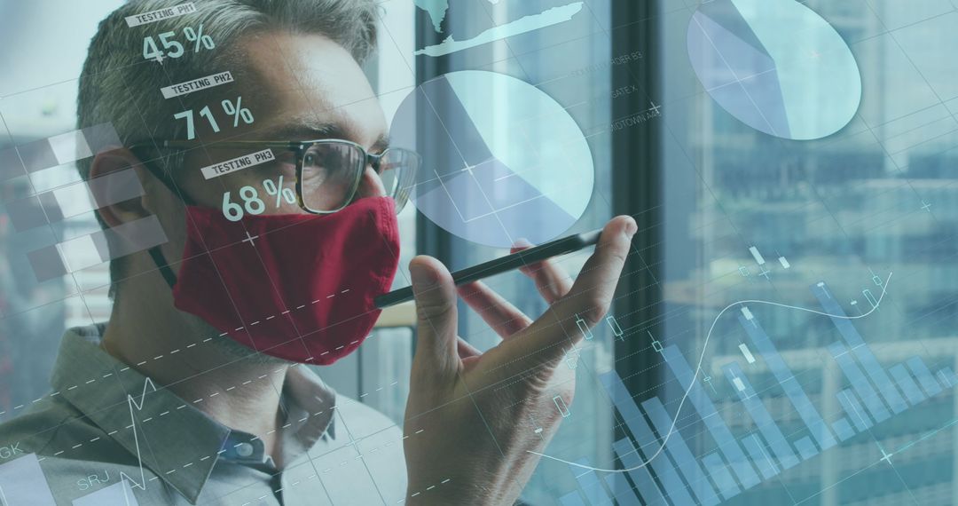 Man Wearing Face Mask Analyzing Data on Smartphone with Futuristic Interface