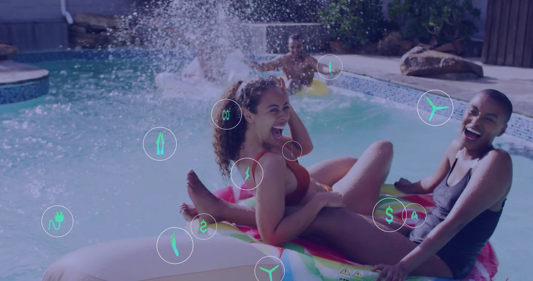 Joyful Women Laughing Relaxing on Pool Float Outdoors