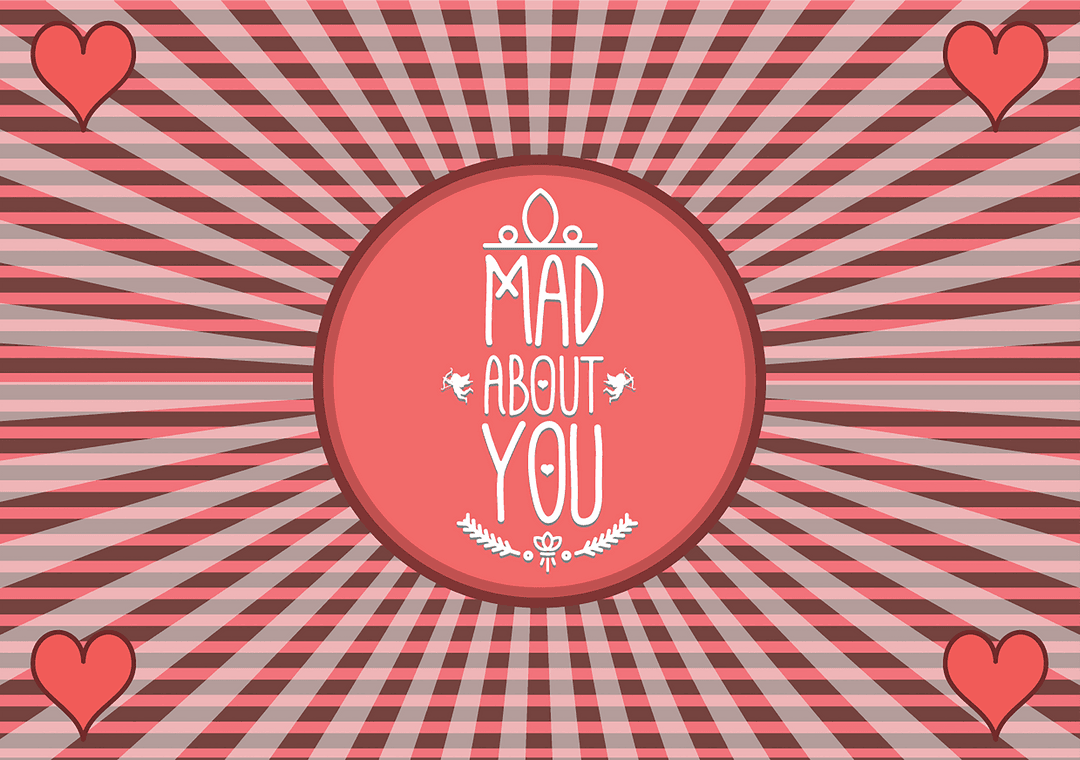 Red Valentine's Card: Mad About You Text with Hearts on Transparent Background