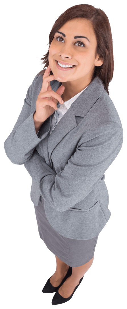 Transparent Happy Hispanic Businesswoman Smiling in Grey Suit