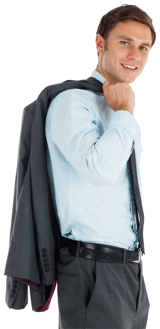 Successful Businessman Holding Jacket, Smiling Confidently
