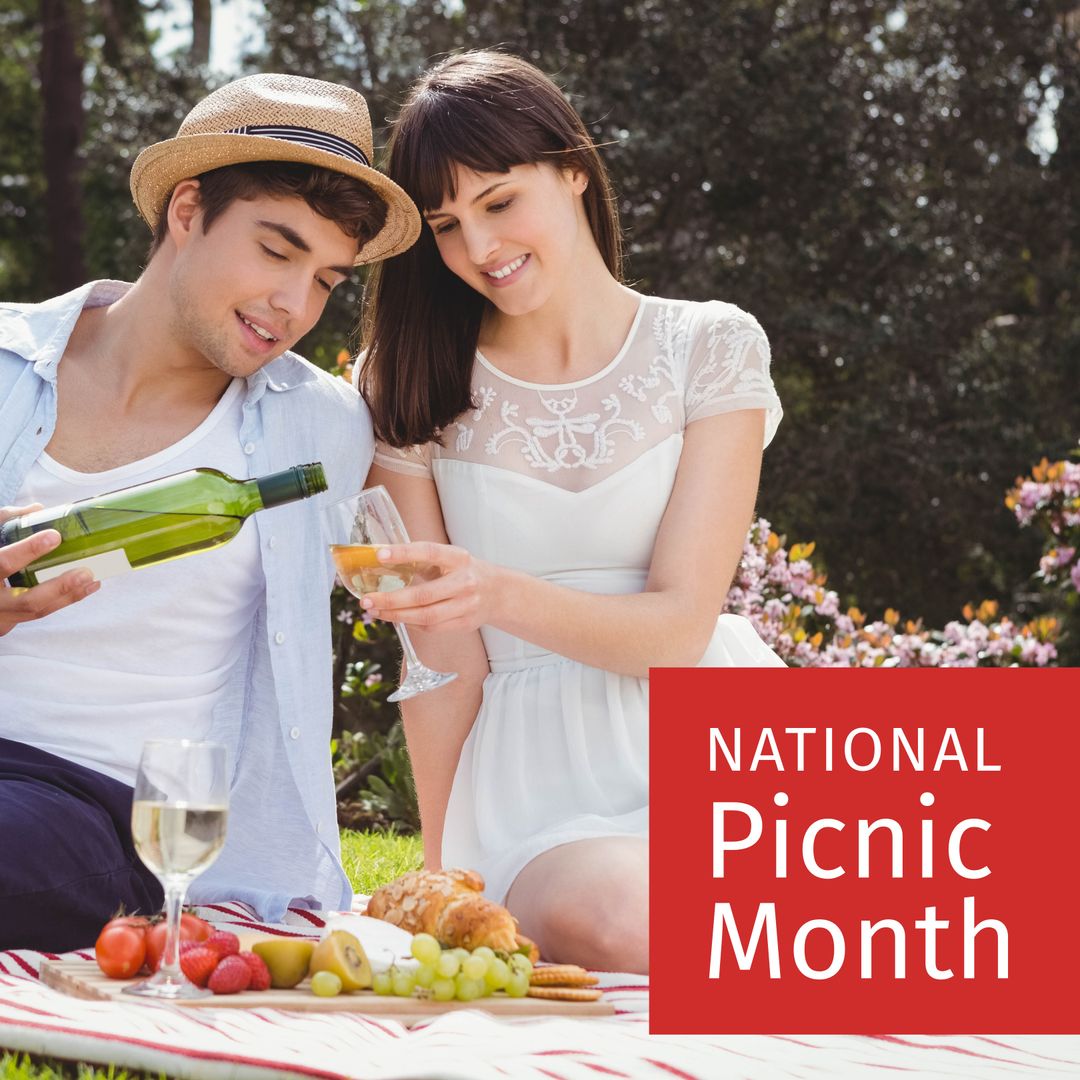 Couple Celebrating National Picnic Month with Wine in Park - Download Free Stock Templates Pikwizard.com