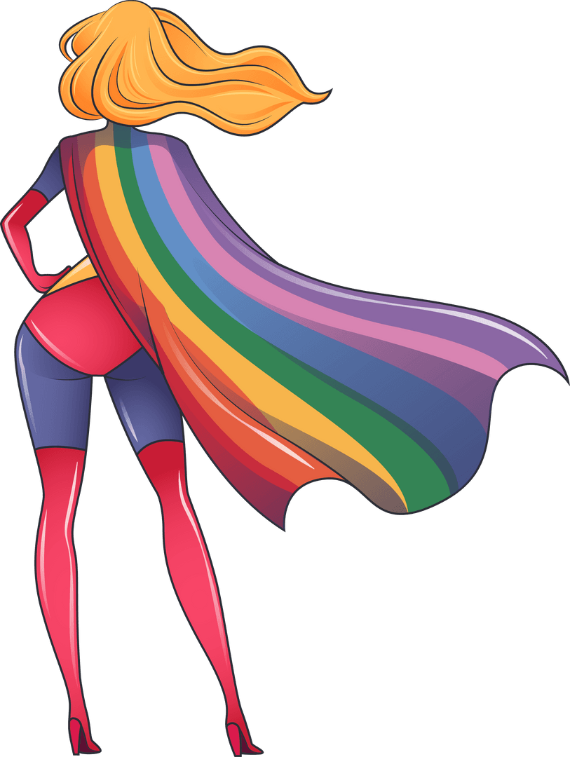 Dynamic Superwoman with Rainbow Cape on Transparent Background
