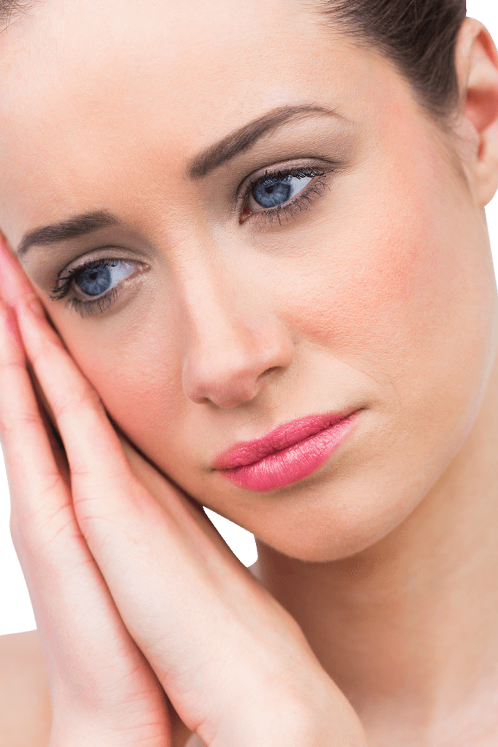 Transparent Young Woman Pensive Look Hands Resting on Face