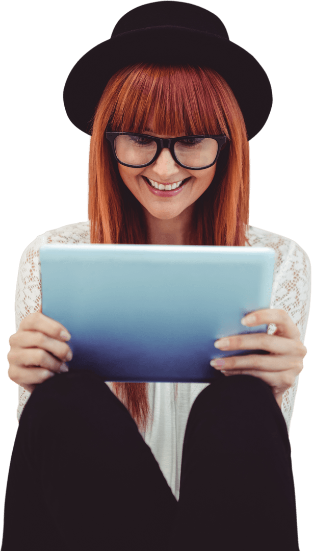 Transparent Smiling Woman Using Tablet with Stylish Hat and Glasses