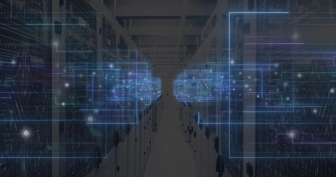 Futuristic Data Center Aisle with Holographic Data Displays