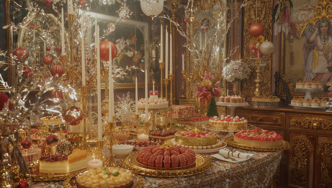 Luxurious Banquet Room With Opulent Desserts on Gold